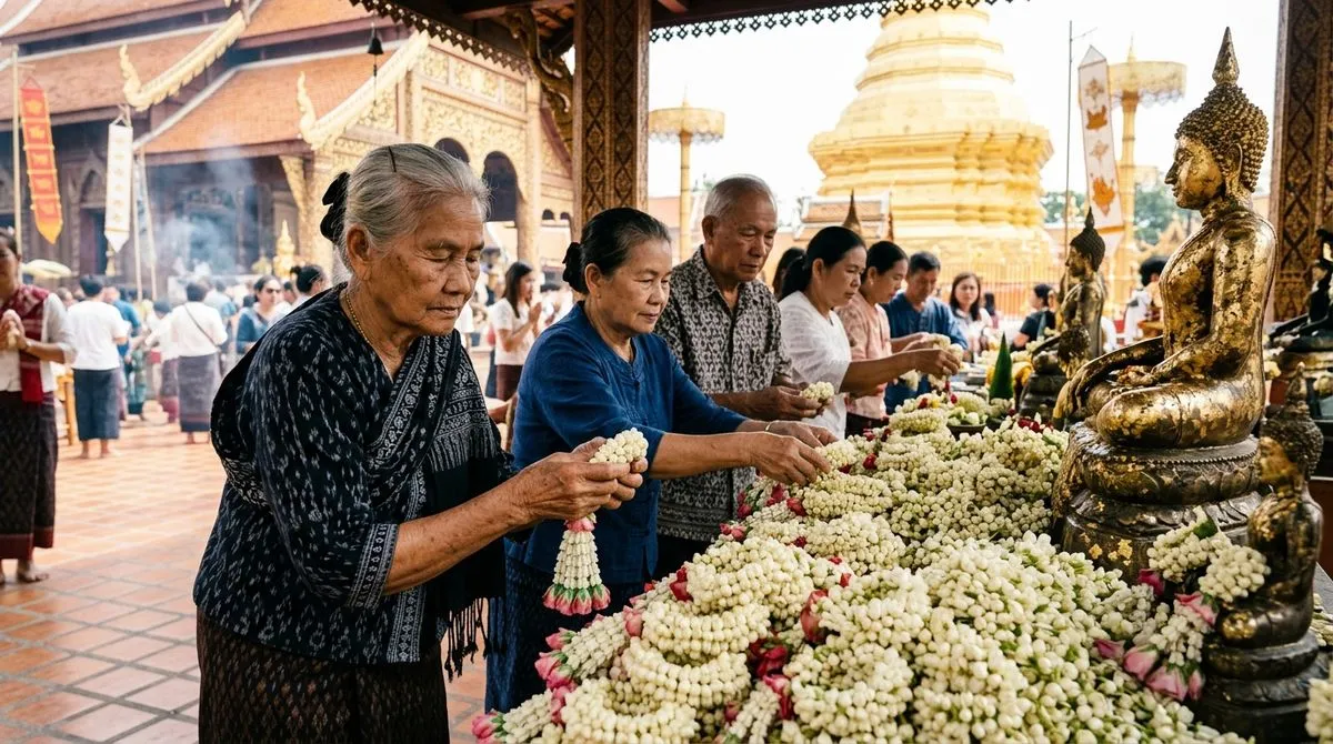 พุทธศาสนิกชนร้อยพวงมาลัยดอกมะลิถวายแด่พระพุทธรูป พระเจดีย์ทองเบื้องหลัง วัดพระธาตุดอยคำ