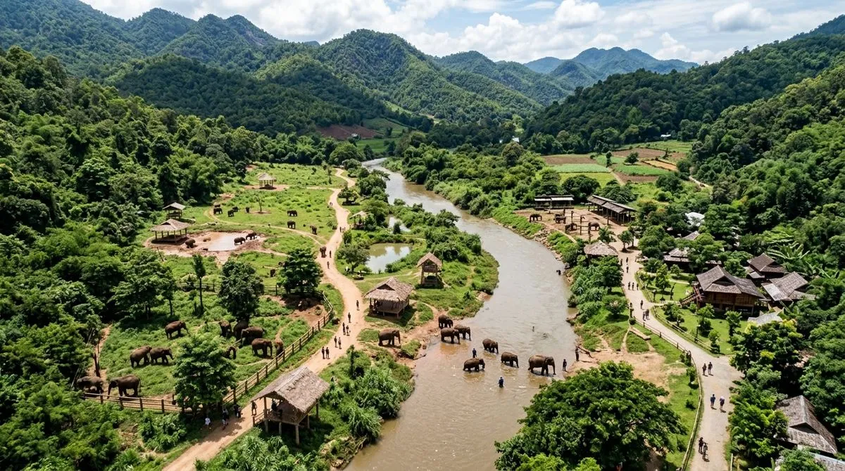 หุบเขาศูนย์อนุรักษ์ช้างเชิงจริยธรรม เชียงใหม่ ช้างเดินอิสระริมลำธารท่ามกลางป่าเขา