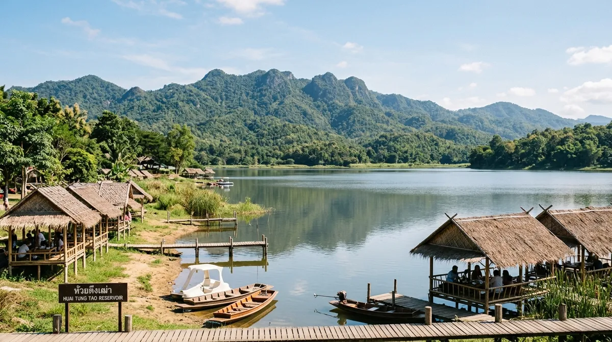 อ่างเก็บน้ำห้วยตึงเฒ่ายามบ่าย เรือถีบหงส์และเรือพายจอดริมท่า มีป้ายชื่ออ่างเก็บน้ำ