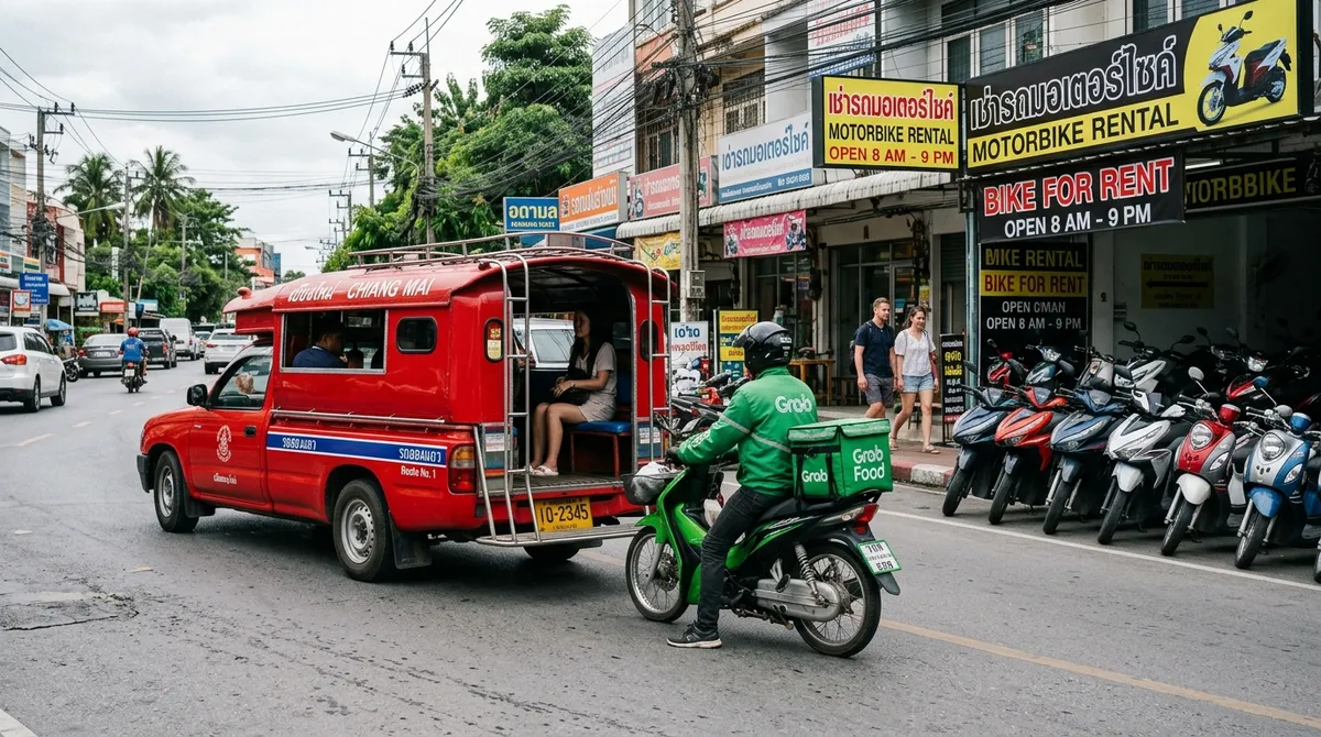การเดินทางในเชียงใหม่: เปรียบเทียบรถแดง Grab เช่ามอไซค์ และรถเมล์
