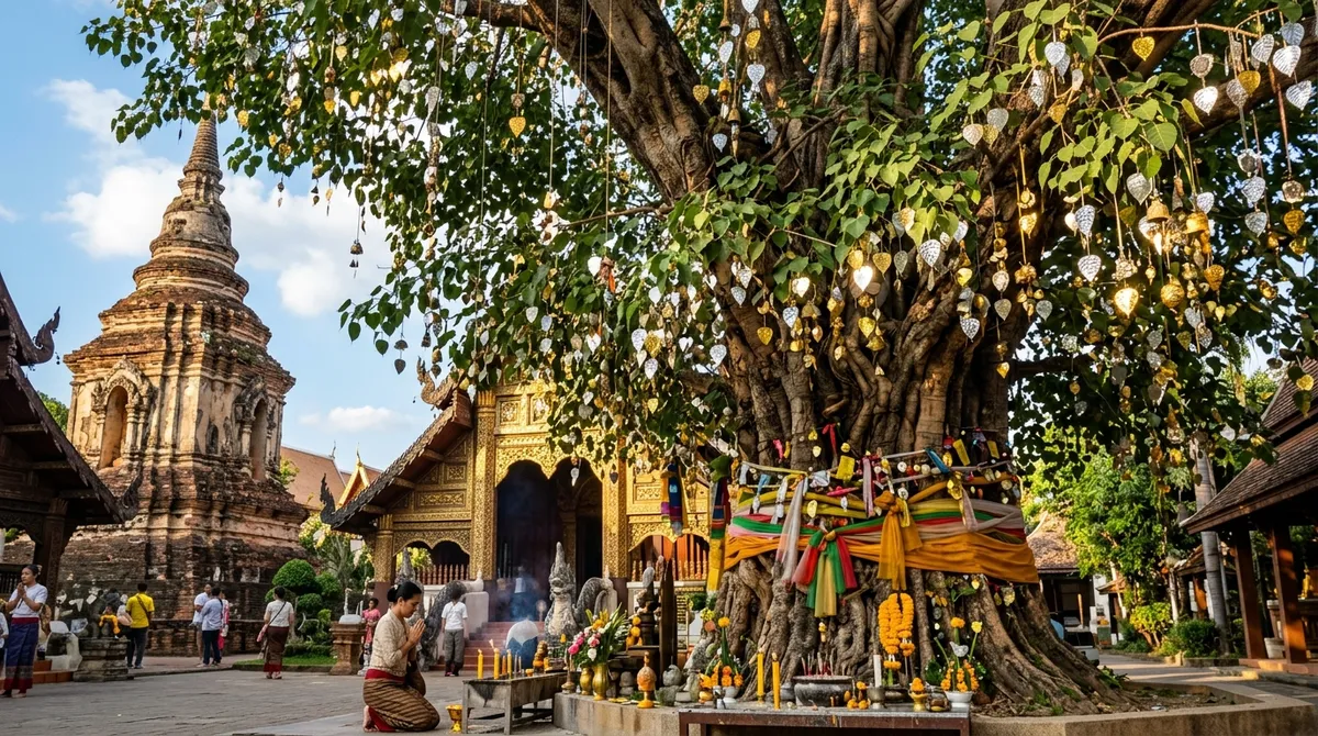 ต้นโพธิ์ประดับเครื่องรางหน้าเจดีย์วัดโลกโมฬี
