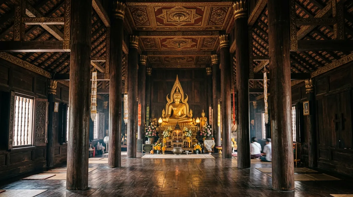 พระประธานภายในวิหารหลวง ที่ผู้คนมาสักการะ วัดโลกโมฬี