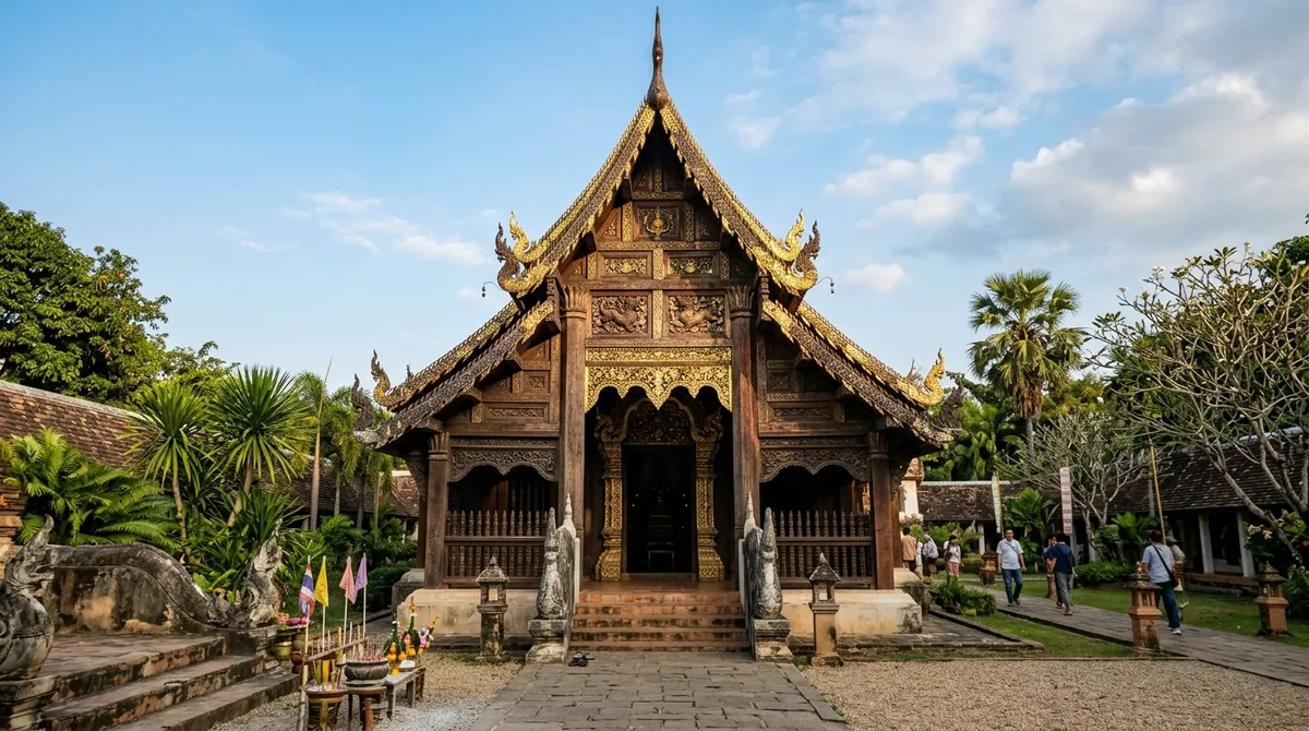 วิหารหลวงไม้สักทองสลักลาย วัดโลกโมฬี ยามเย็น
