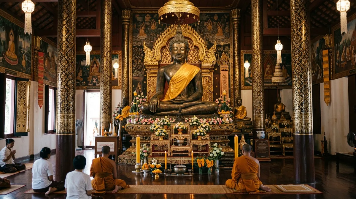 พระเจ้าเก้าตื้อและพุทธศาสนิกชนกำลังสักการะภายในวิหาร วัดสวนดอก