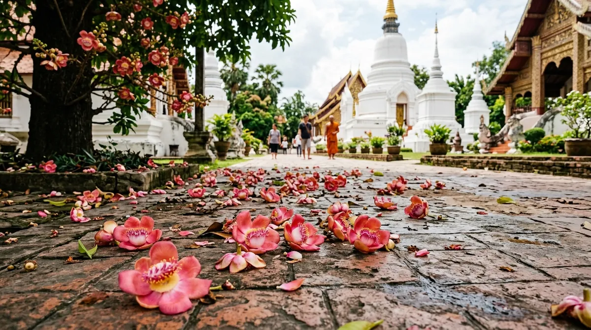 ดอกจิกนาแดงร่วงบนทางเดินอิฐหน้ากู่เจ้านายฝ่ายเหนือ วัดสวนดอก