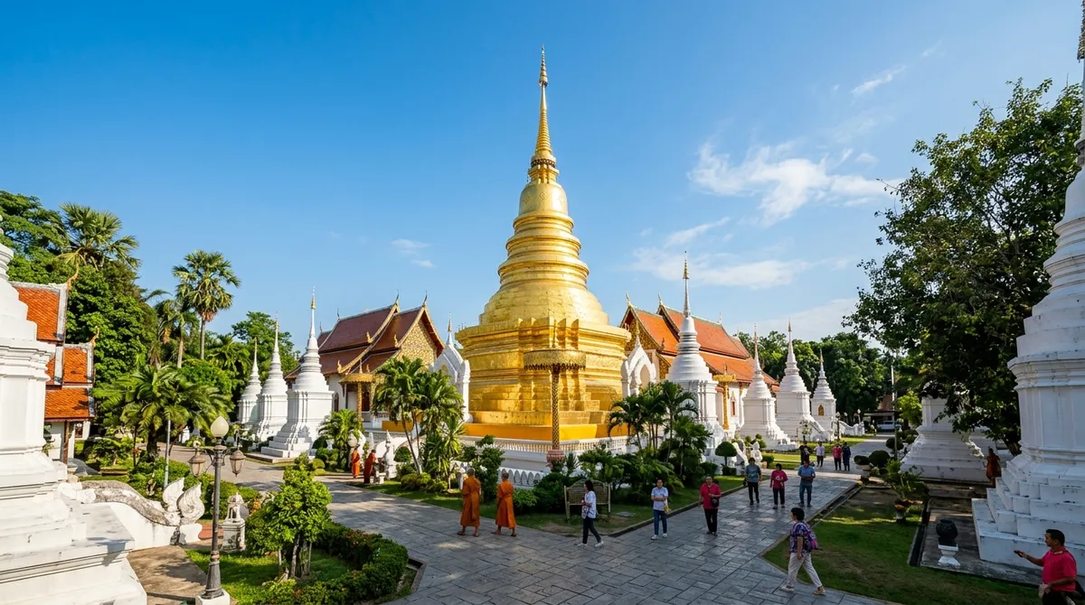 พระเจดีย์ประธานสีทององค์ใหญ่ วัดสวนดอก ยามบ่ายแดดจัด