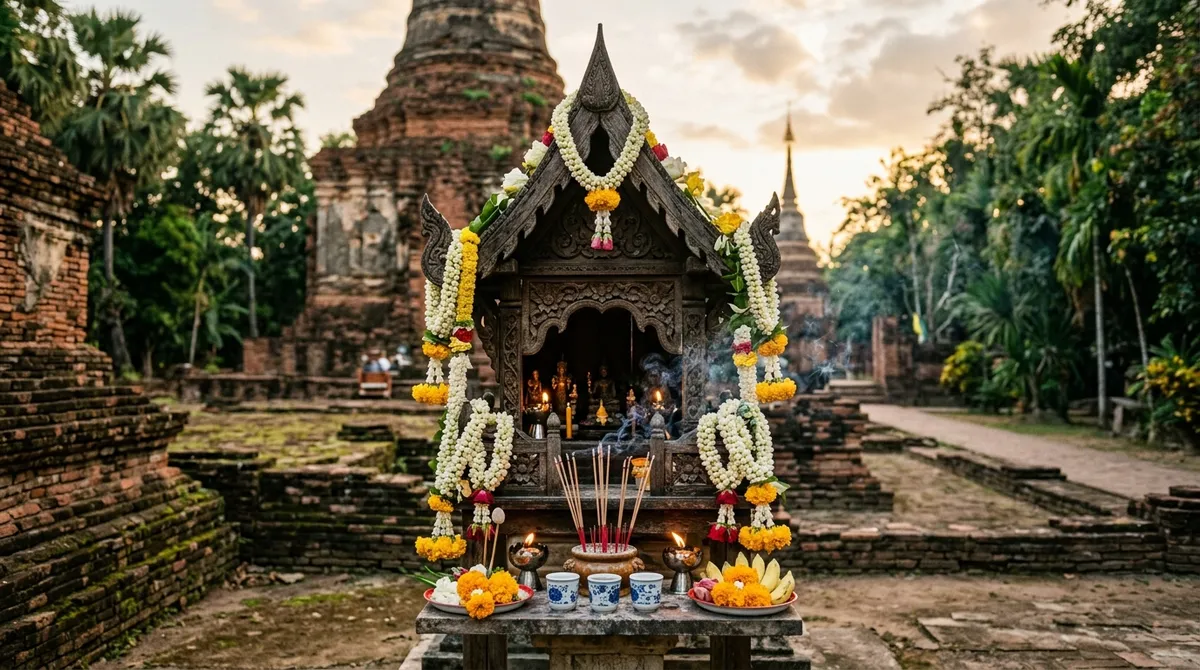 ศาลเล็กประดับพวงมาลัยดอกไม้ ริมโบราณสถานเวียงกุมกามยามพลบค่ำ