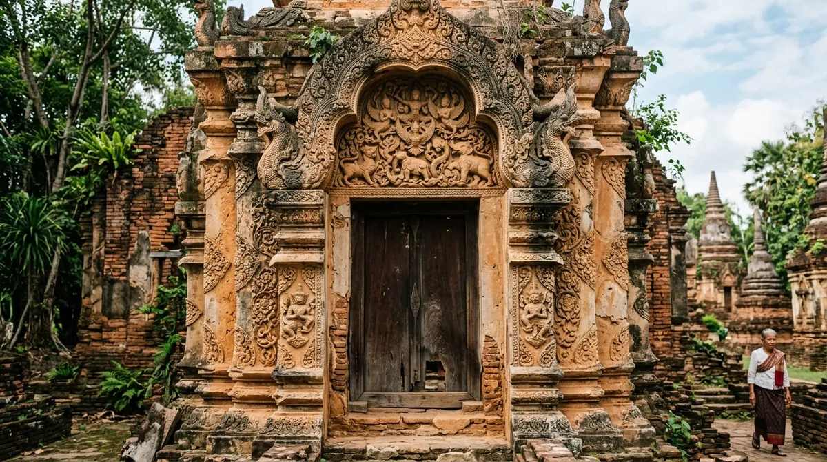 ลวดลายปูนปั้นนูนสูงรูปเทวดาที่ซุ้มจระนำ วัดปู่เปี้ย เวียงกุมกาม
