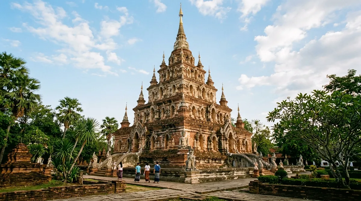 พระเจดีย์ห้าชั้นทรงสี่เหลี่ยมของวัดเจดีย์เหลี่ยม เวียงกุมกาม ยามเย็น