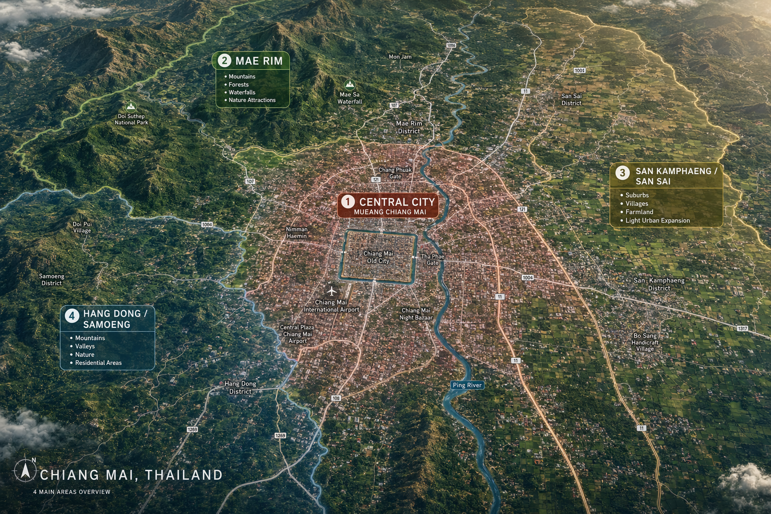 Fantasy map of Chiang Mai showing Mae Rim Wilds, Mueang Chiang Mai, San Kamphaeng Plains, and Hang Dong & Samoeng zones